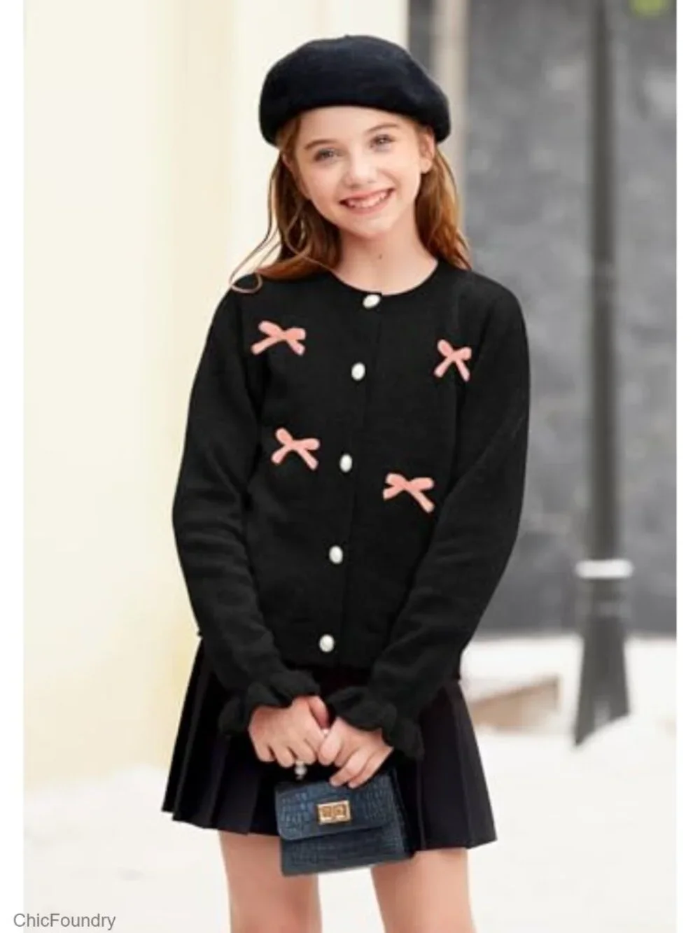 Knit Ruffle Sleeve Cardigan Sweater with 3D Bow Button Down